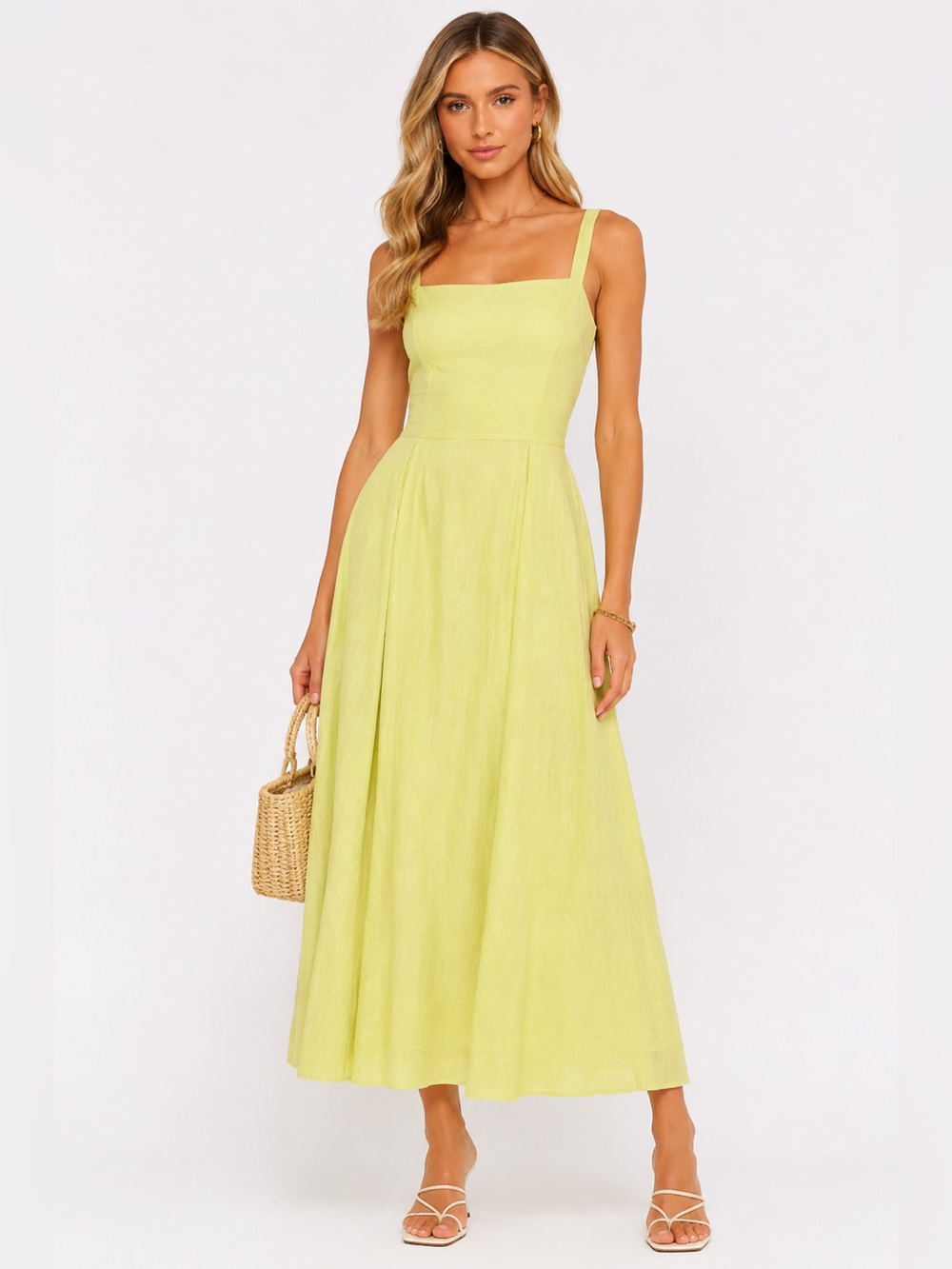 NWOT Linen-Blend Square Neck Maxi Dress in Lemon